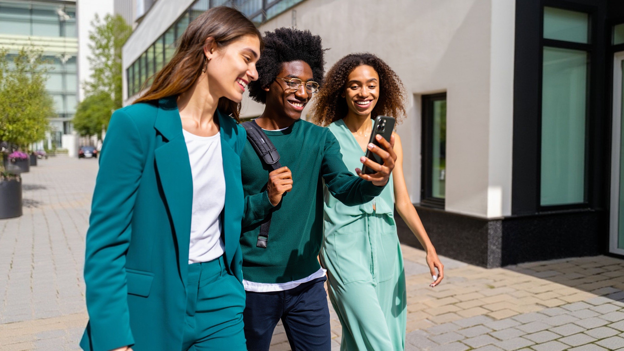 Three colleagues walking down a city street, one showing the others a phone.