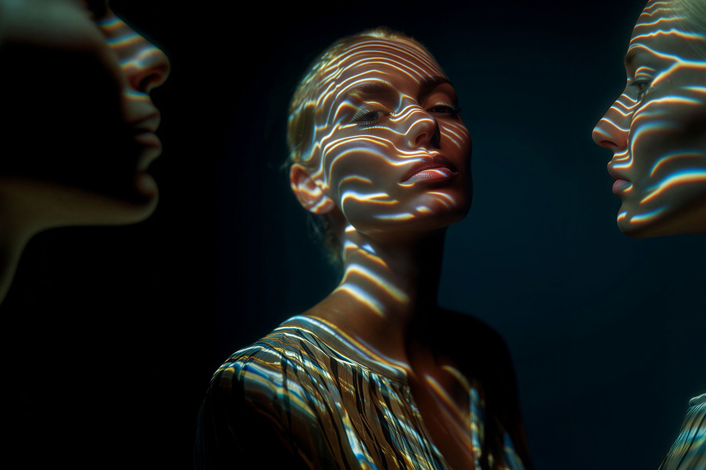 A woman's face lit by striped light, framed by two silhouetted profiles.
